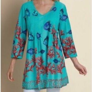 Soft Surroundings Seychelles Fish Print Tunic Dress in Aqua Size XS